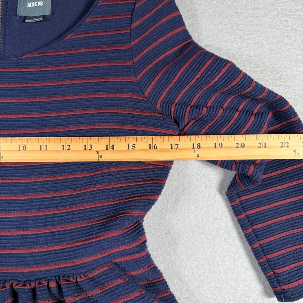 Maeve Anthropologie Navy Burgundy Striped Fit Flare Dress Pockets 3/4 Sleeve 4 - Picture 6 of 13
